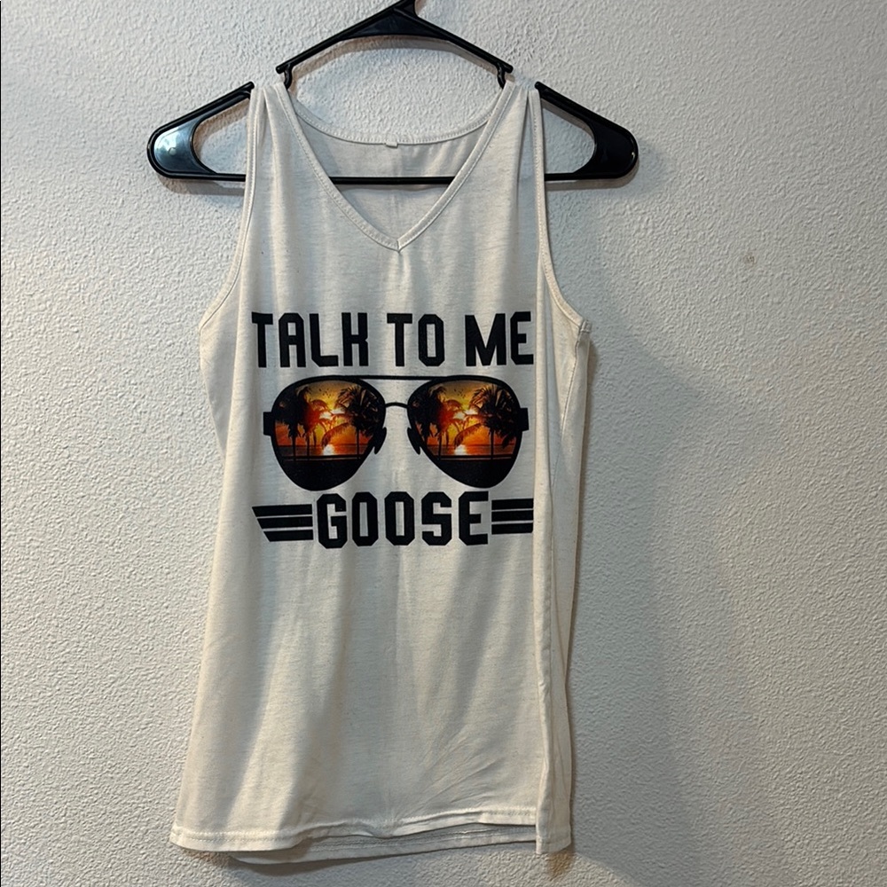 Talk to Me Goose White Graphic Tank Top